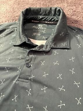 RW Rorie Whelan Golf Polo Men's XL Charcoal Crossed Clubs Print EUC